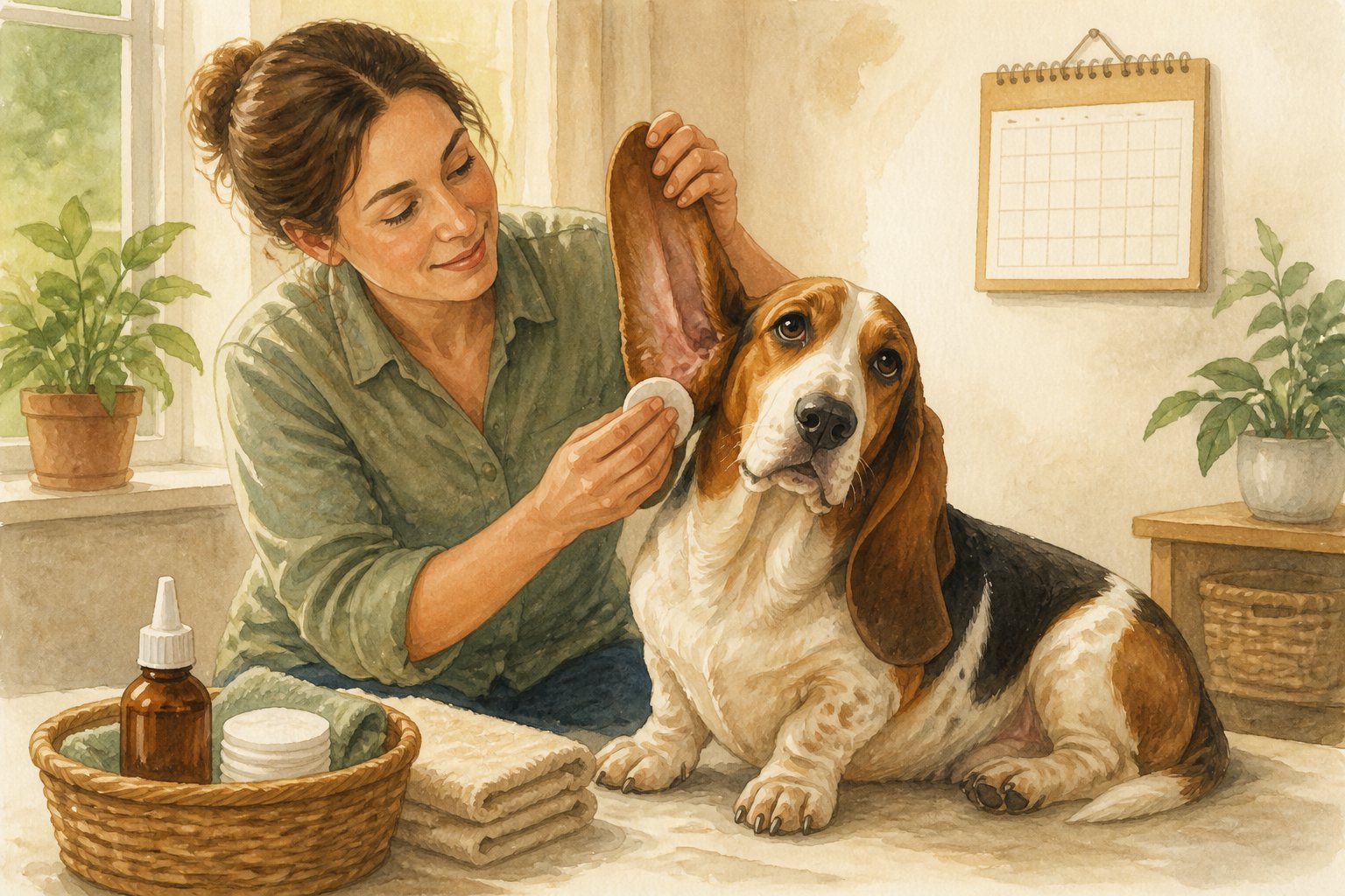 A Basset Artésien Normand calmly sits while its owner gently checks and cleans one floppy ear.