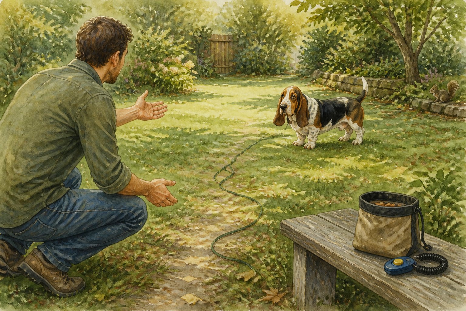 A Basset Artesien Normand looks distracted while its owner repeatedly calls from across a backyard training area.