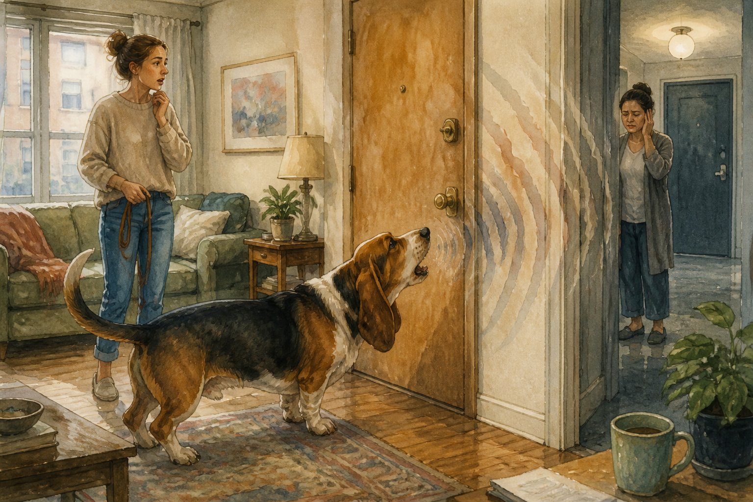 A Basset Artesien Normand barks inside an apartment while its concerned owner and a neighbor react nearby.
