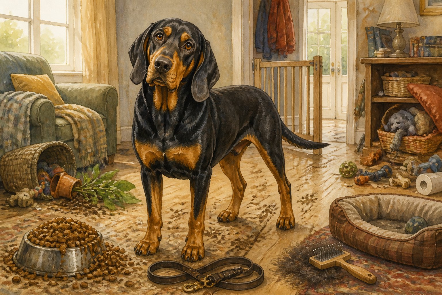 A Black and Tan Coonhound stands in a cluttered home surrounded by objects suggesting common care mistakes.