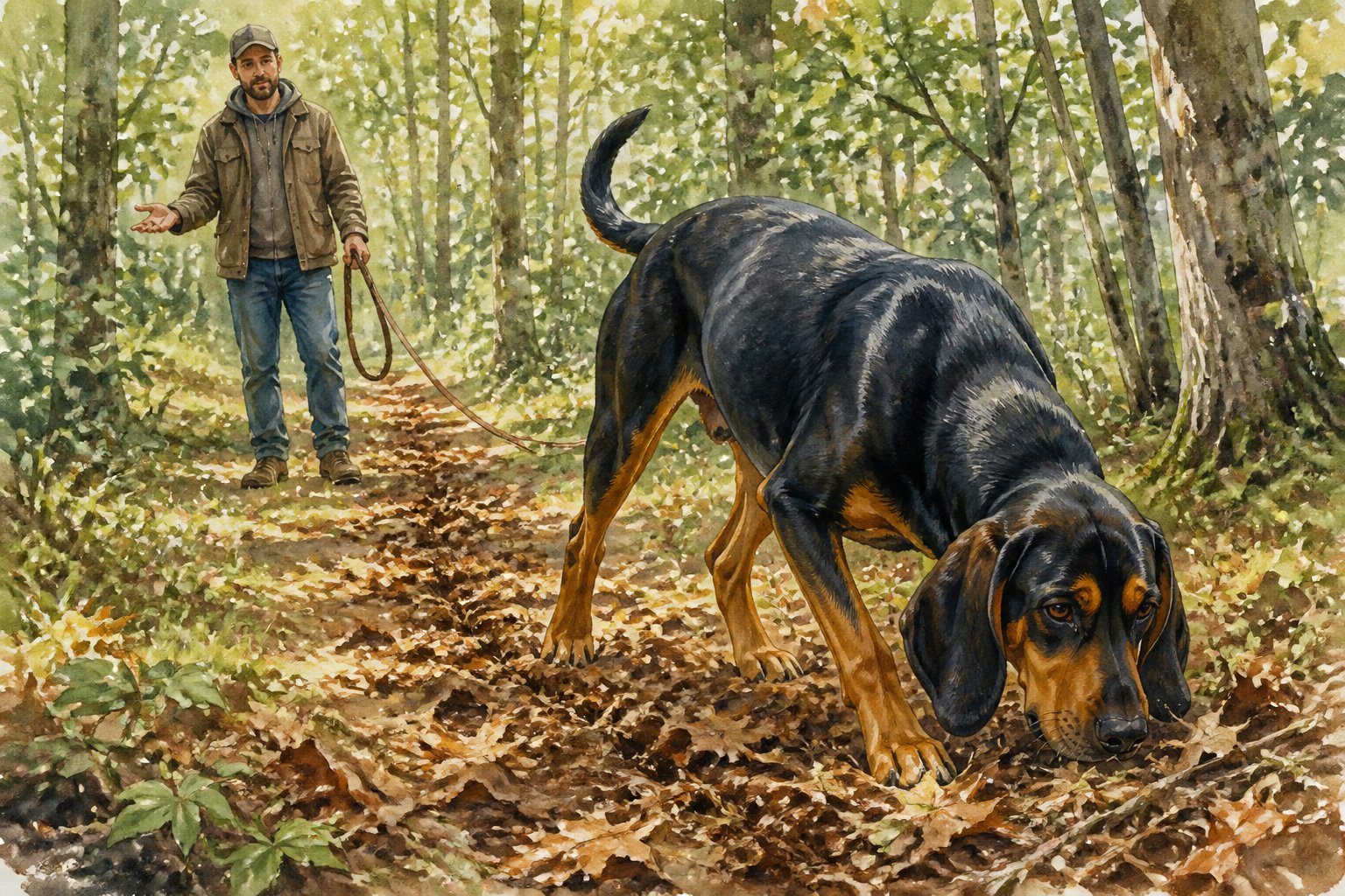 A Black and Tan Coonhound follows a scent through a woodland clearing while its owner waits nearby.