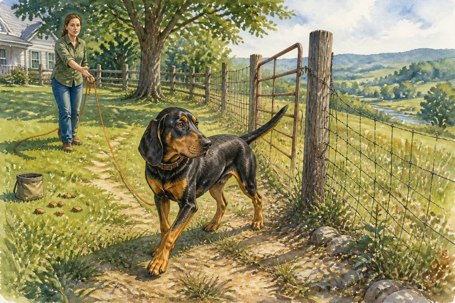 A Black And Tan Coonhound approaches an open gate in a loosely fenced yard while its owner calls it back.