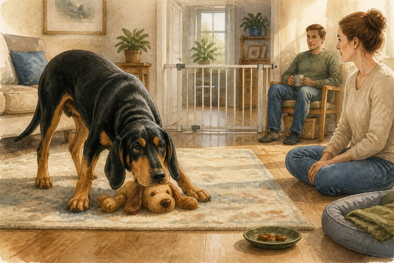 A Black And Tan Coonhound guards a plush toy while its owner calmly keeps a safe distance in a living room.