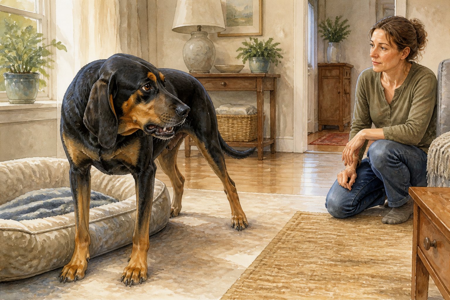 A Black And Tan Coonhound gives a warning growl while its owner calmly gives it space.