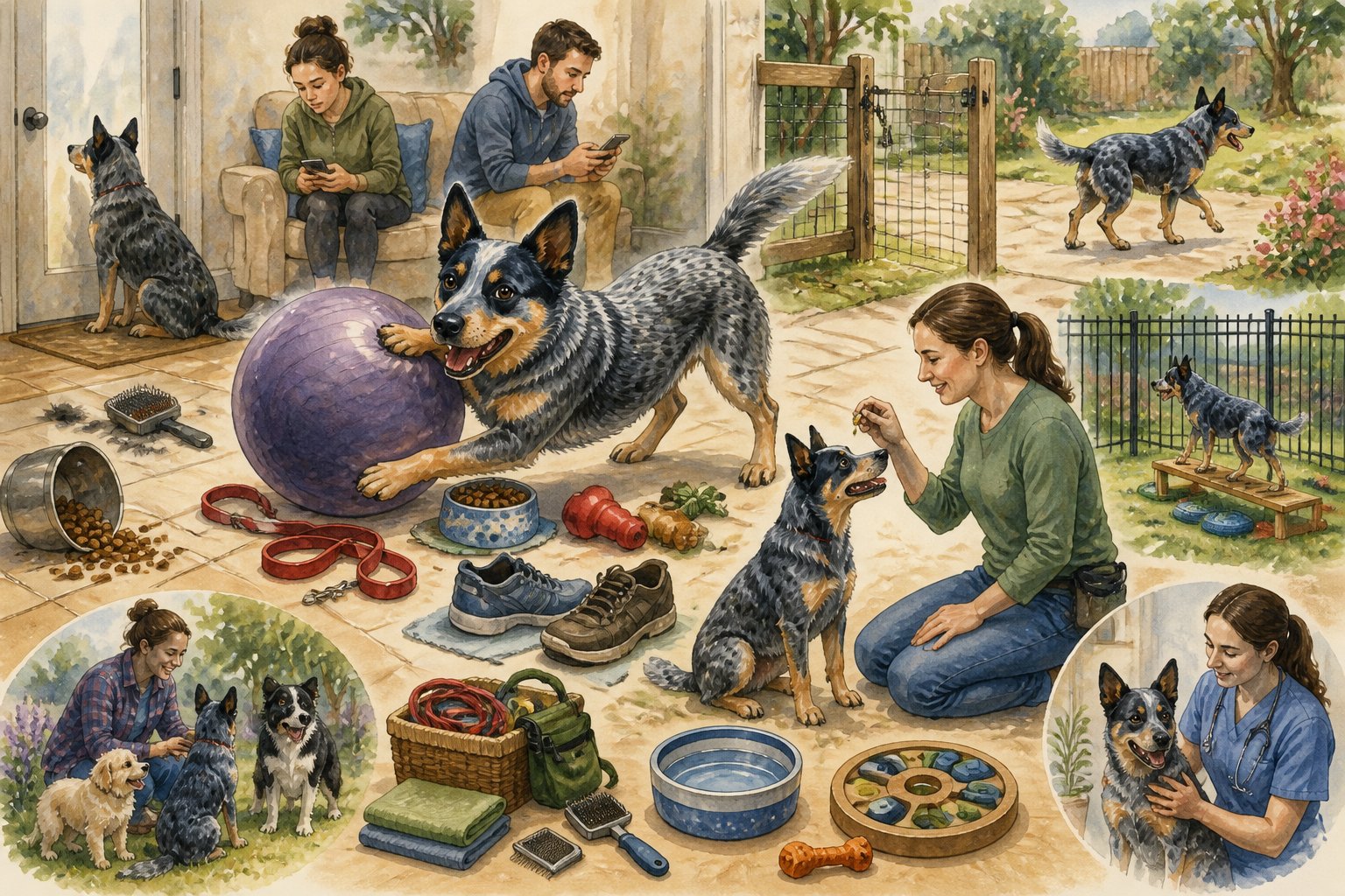 A blue heeler stands in a home and yard surrounded by signs of insufficient exercise, training, grooming, supervision, and enrichment, while an owner prepares better care.