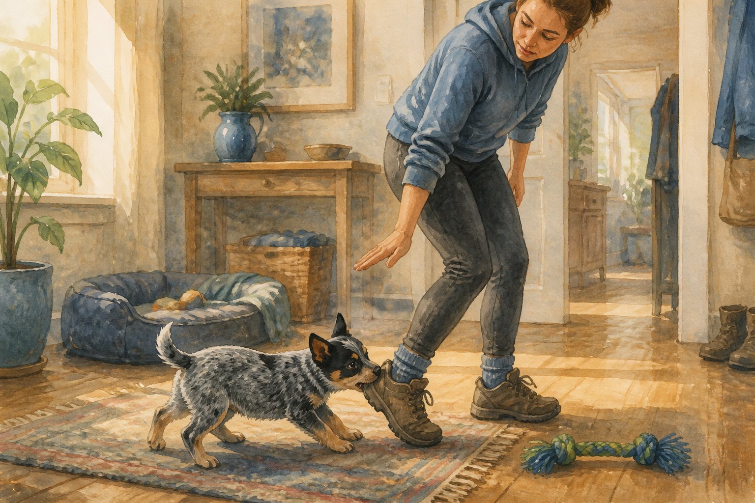 A Blue Heeler puppy nips at its owner’s heel while the owner calmly redirects it with a chew toy.