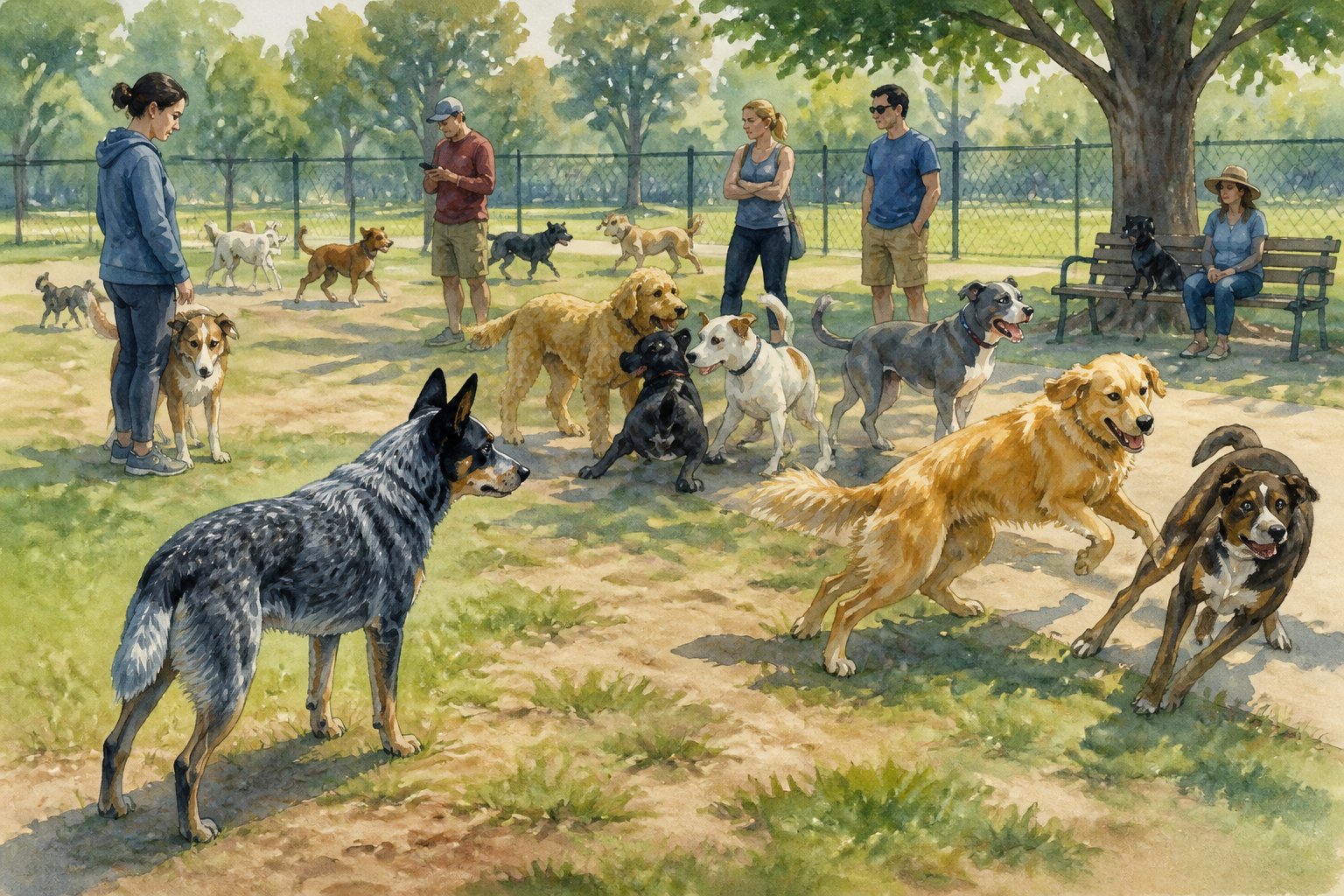 A blue heeler watches cautiously as several unfamiliar dogs interact in a busy dog park.