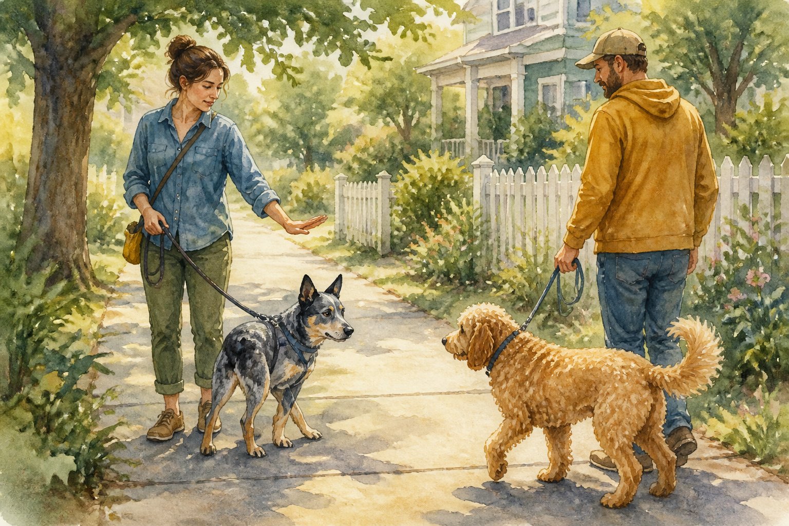 A blue heeler and its owner give space to an unfamiliar dog and person on a neighborhood path.
