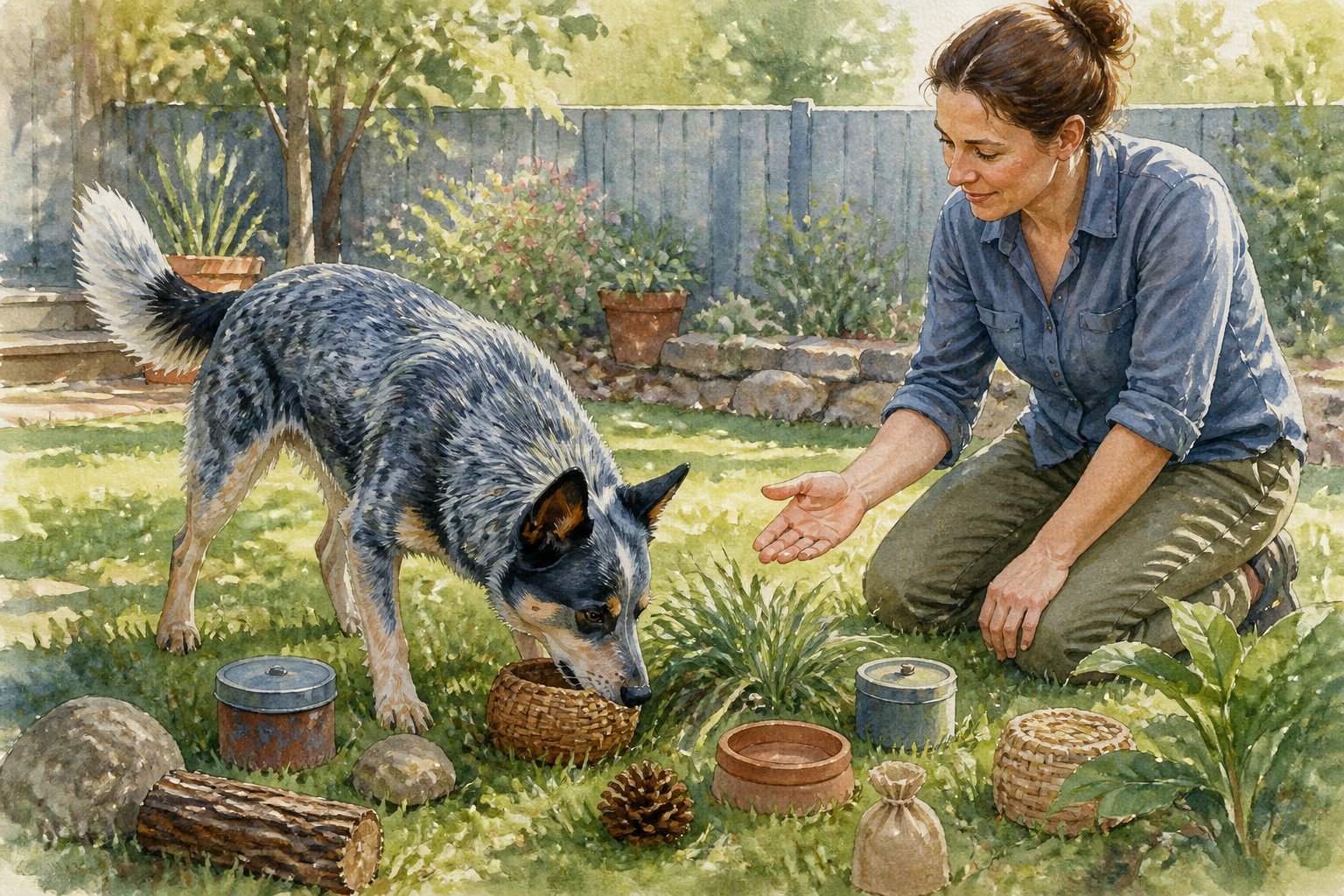 A Blue Heeler searches for a hidden scent pouch while its owner encourages it in a garden.