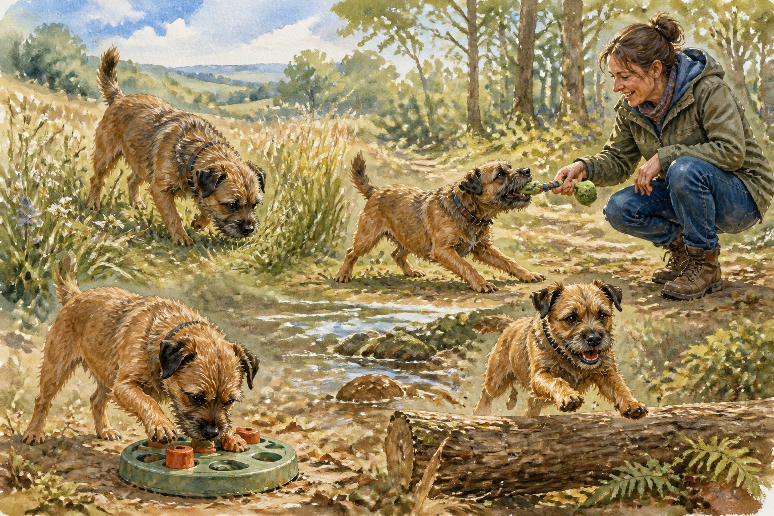 A Border Terrier explores a park while playing with its owner and using an enrichment toy.