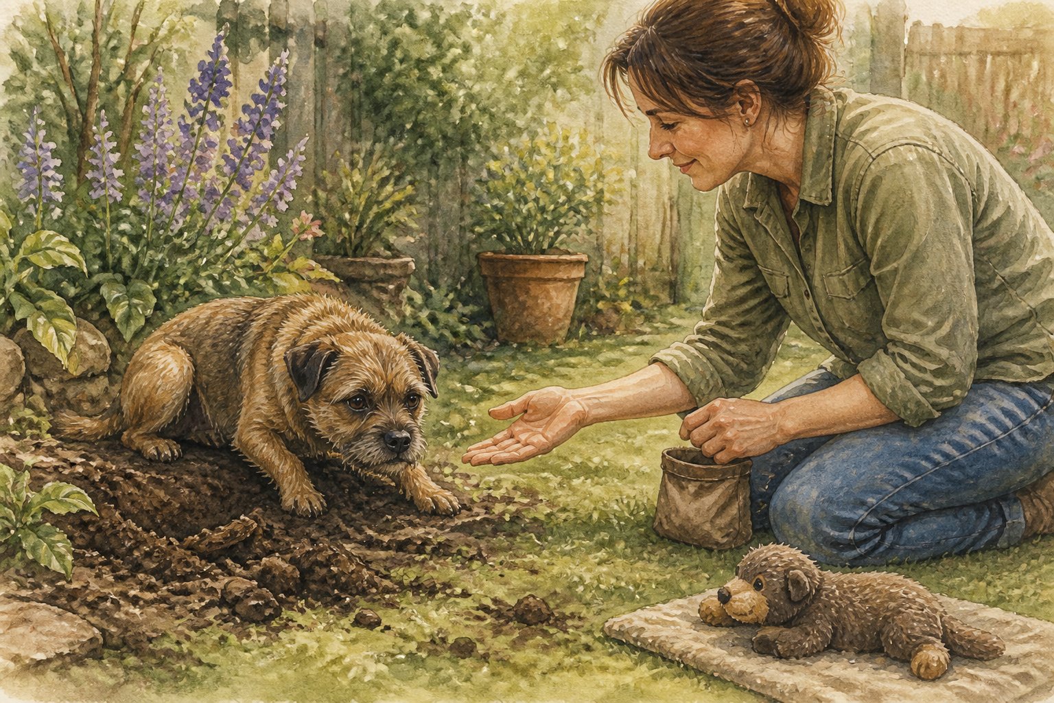 A Border Terrier sits beside a dug-up garden bed while its owner calmly offers guidance and reassurance.