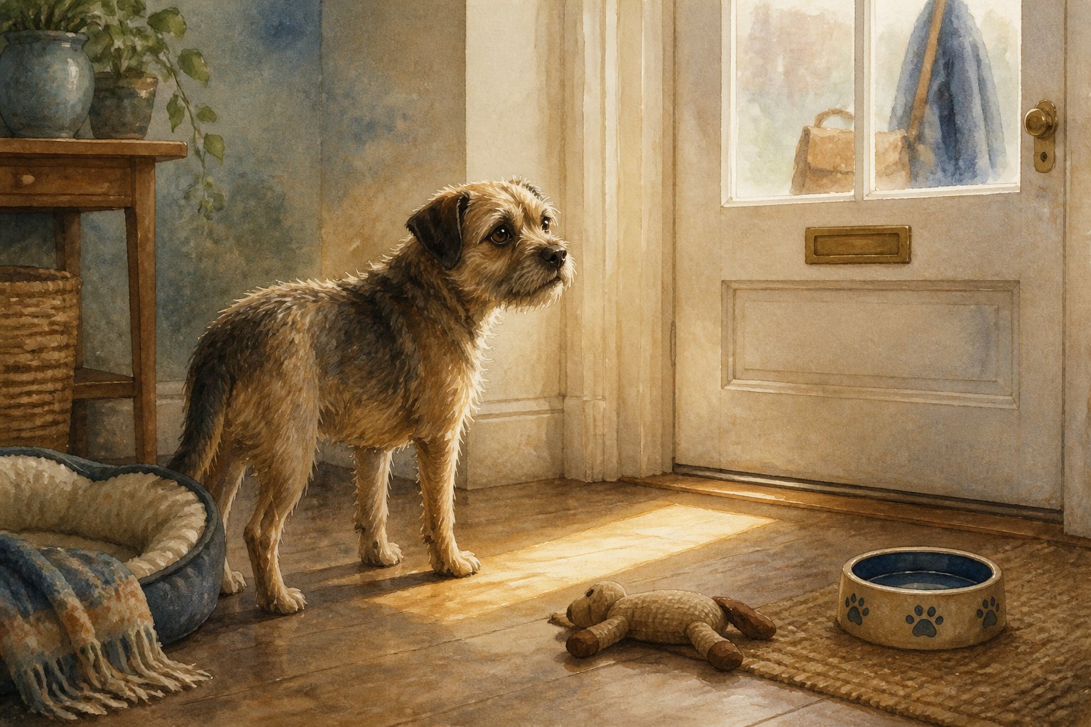 An anxious Border Terrier waits alone beside a closed front door in a quiet home.