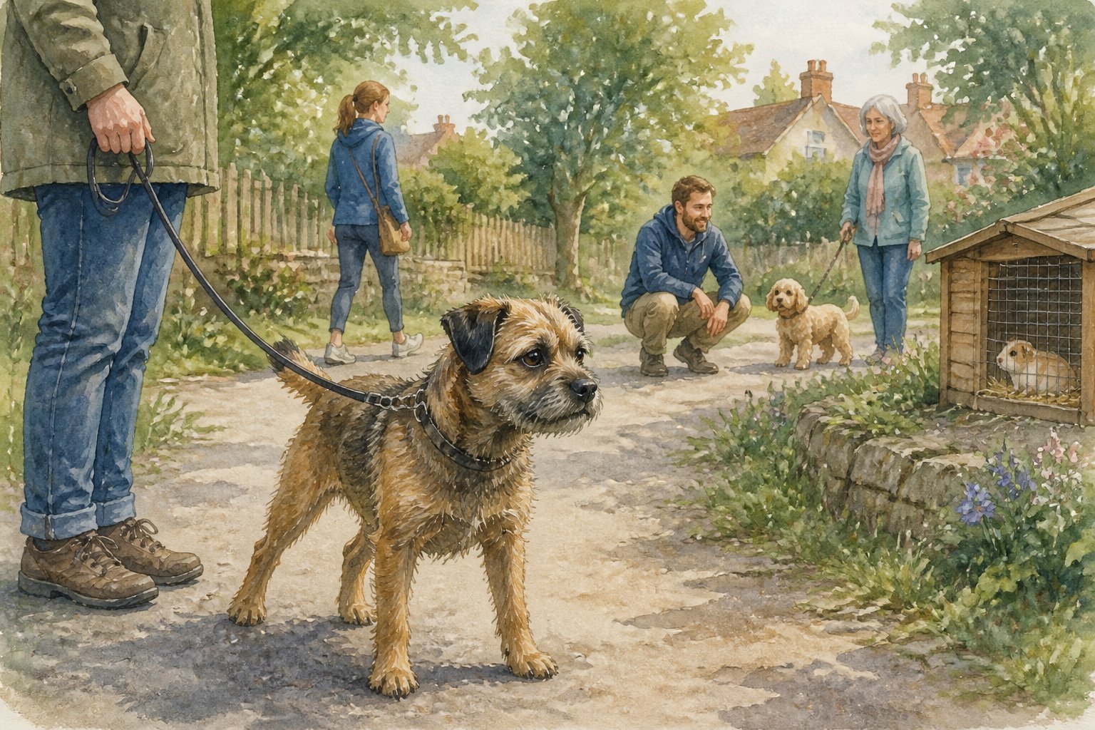 A wary Border Terrier stands on a leash near calmly waiting people, a small dog, and a caged rabbit.
