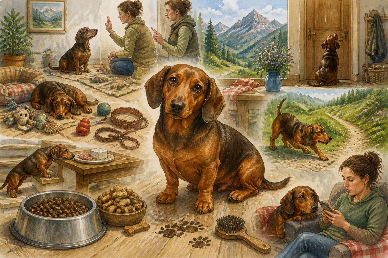 An Alpine Dachsbracke looks puzzled as its owner notices several care and training mistakes around the home and yard.