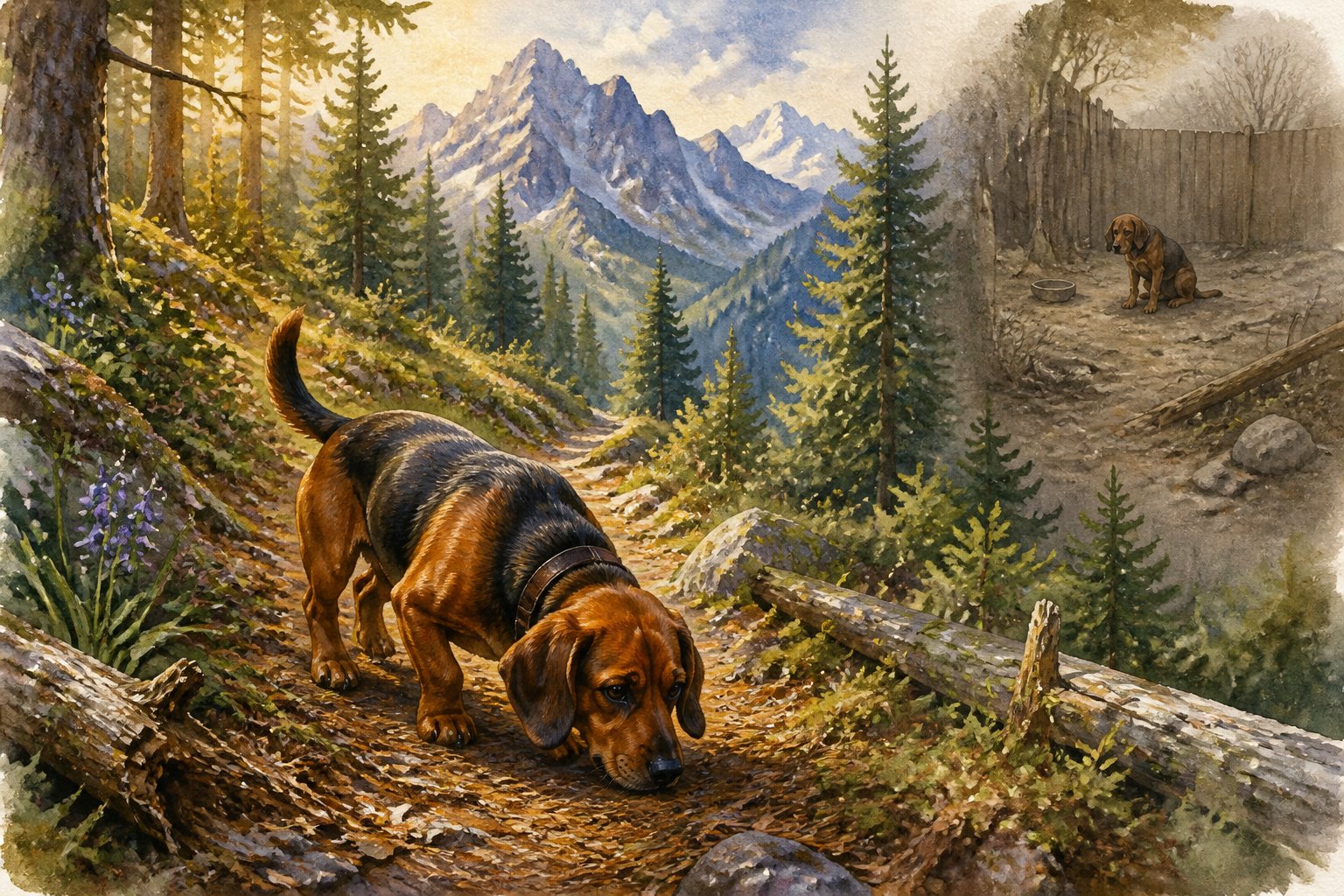An Alpine Dachsbracke follows scents along a winding alpine woodland trail beneath distant mountain peaks.