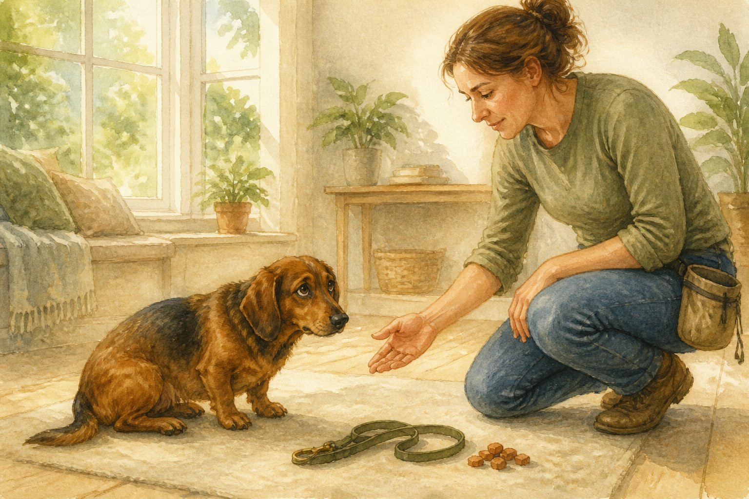 An Alpine Dachsbracke looks worried while its owner pauses and offers calm, reward-based training.
