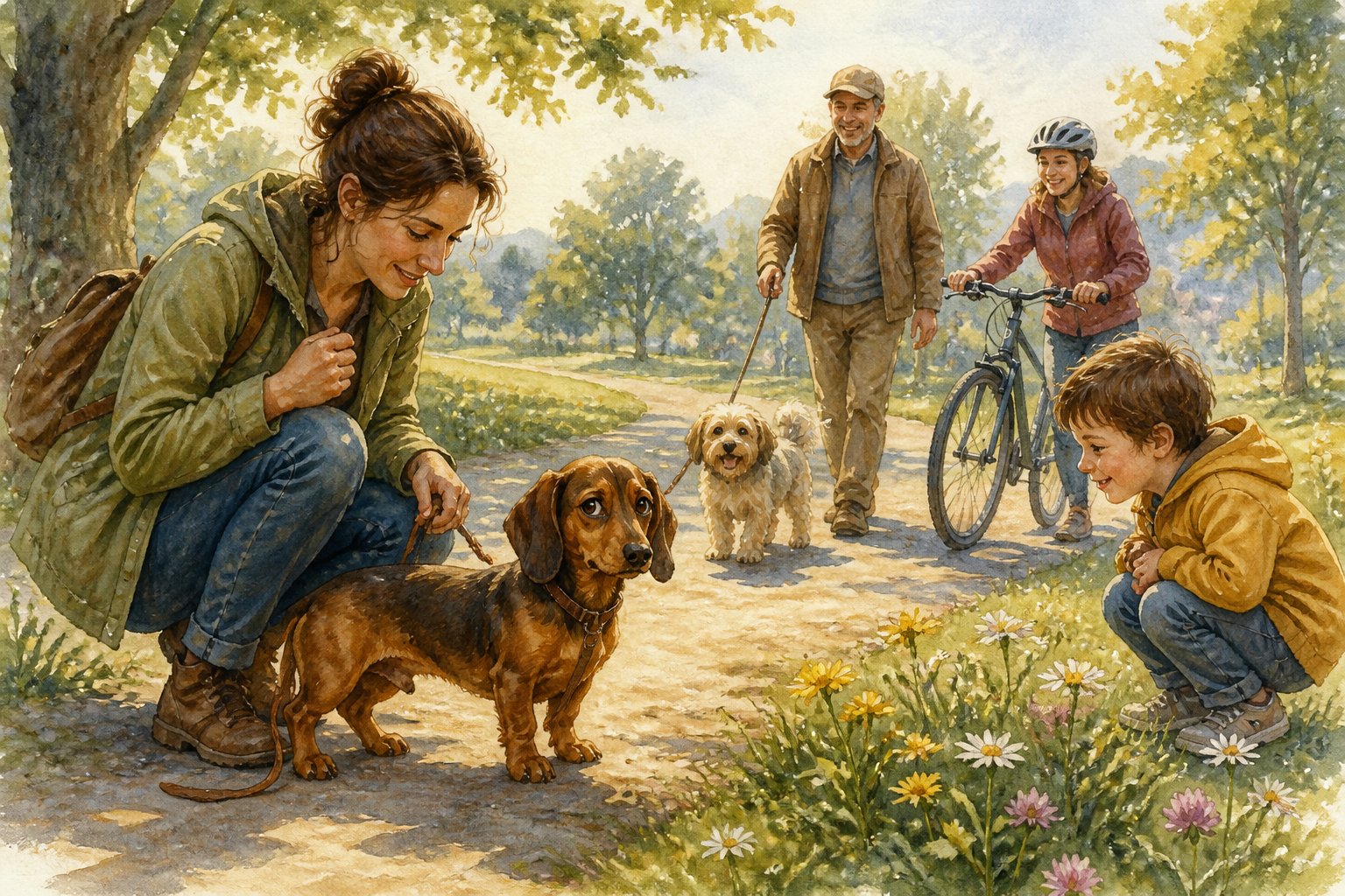 An Alpine Dachsbracke puppy cautiously meets people, a child, another dog, and a bicycle in a park while its owner offers calm guidance.
