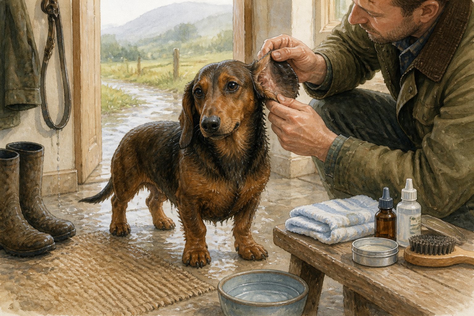 An Alpine Dachsbracke stands indoors while its owner gently checks and dries its floppy ears after a wet outdoor walk.