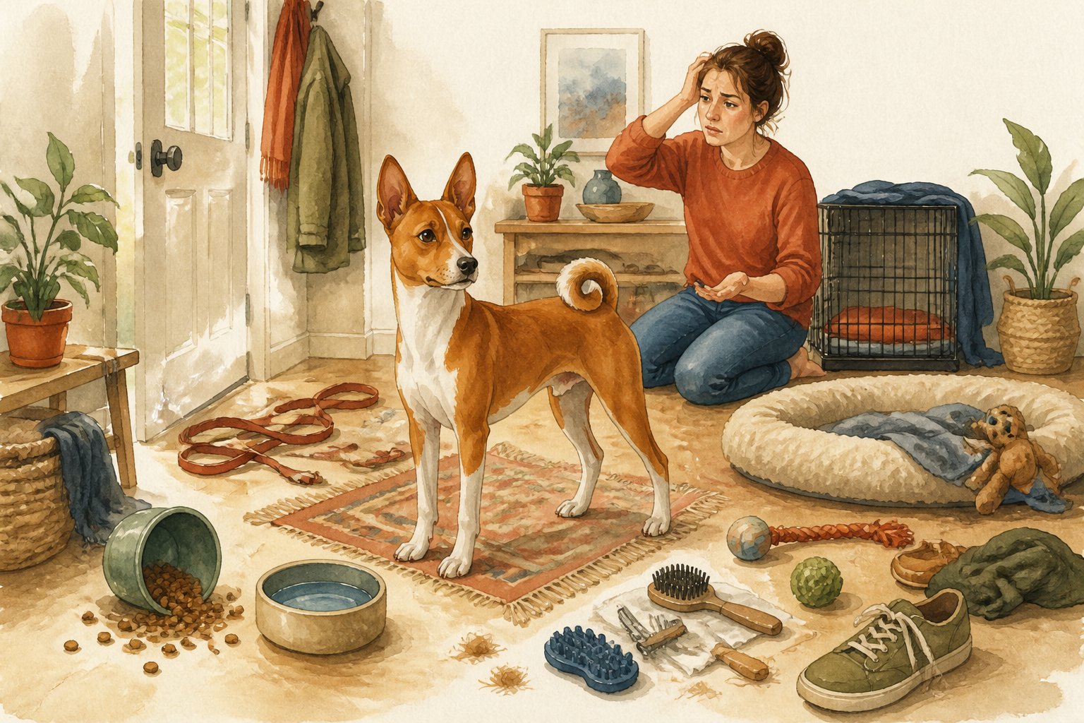A Basenji stands in a home surrounded by scattered pet supplies and household items while its owner looks on.