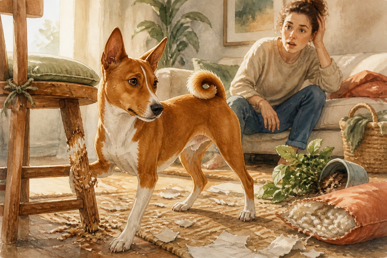 A Basenji stands beside chewed furniture and scattered paper while its concerned owner looks on.