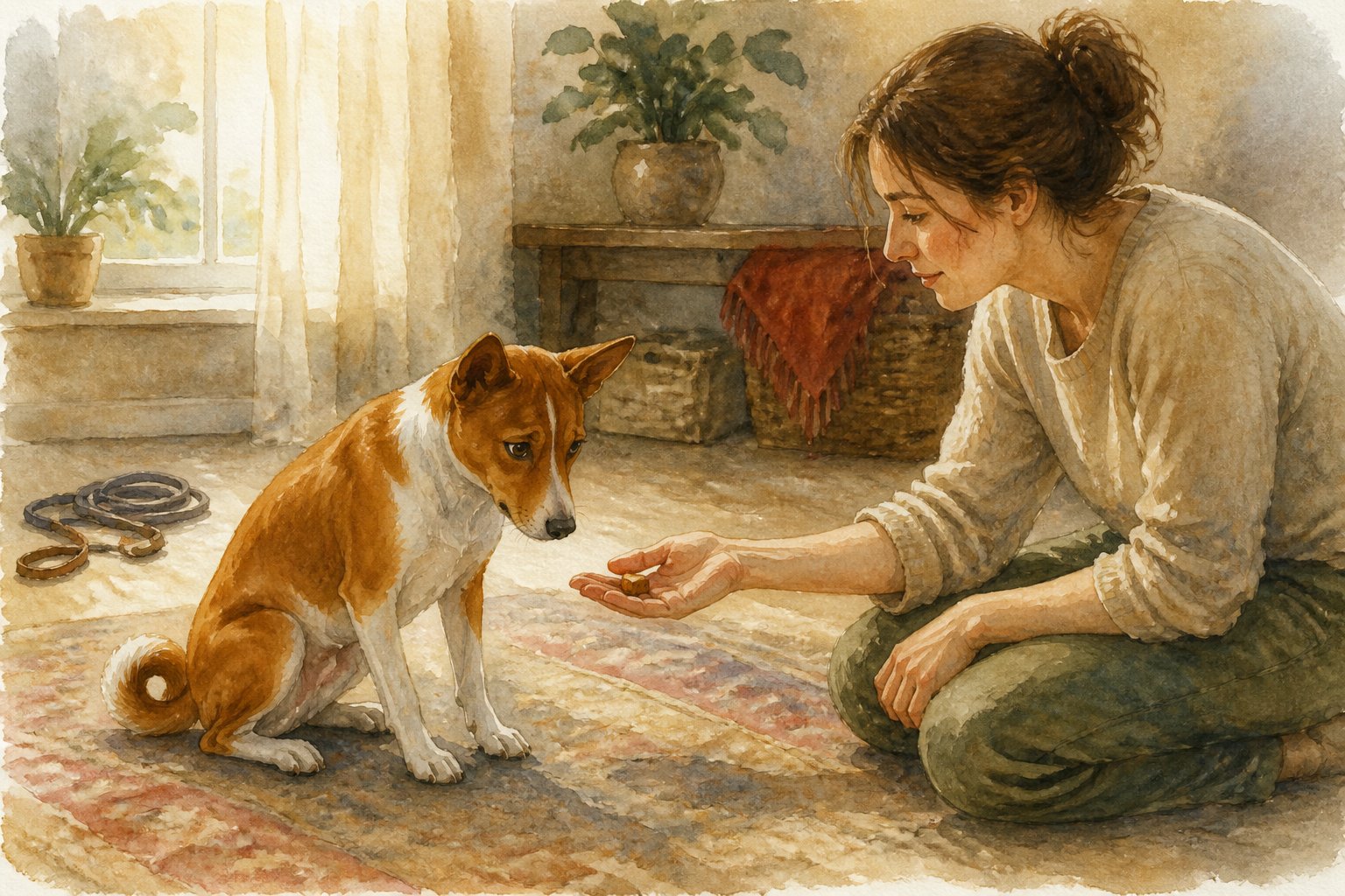 A worried Basenji sits near its owner, who offers a treat with a gentle open hand during training.