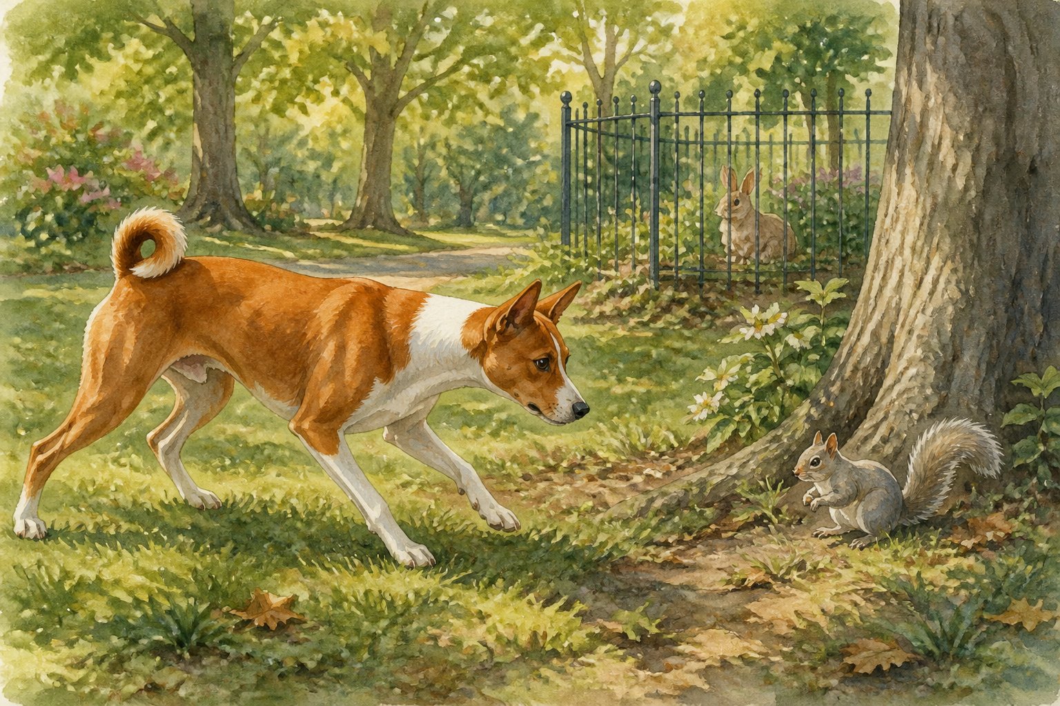 An alert Basenji approaches a squirrel in a leafy park while a rabbit rests safely behind a fence.