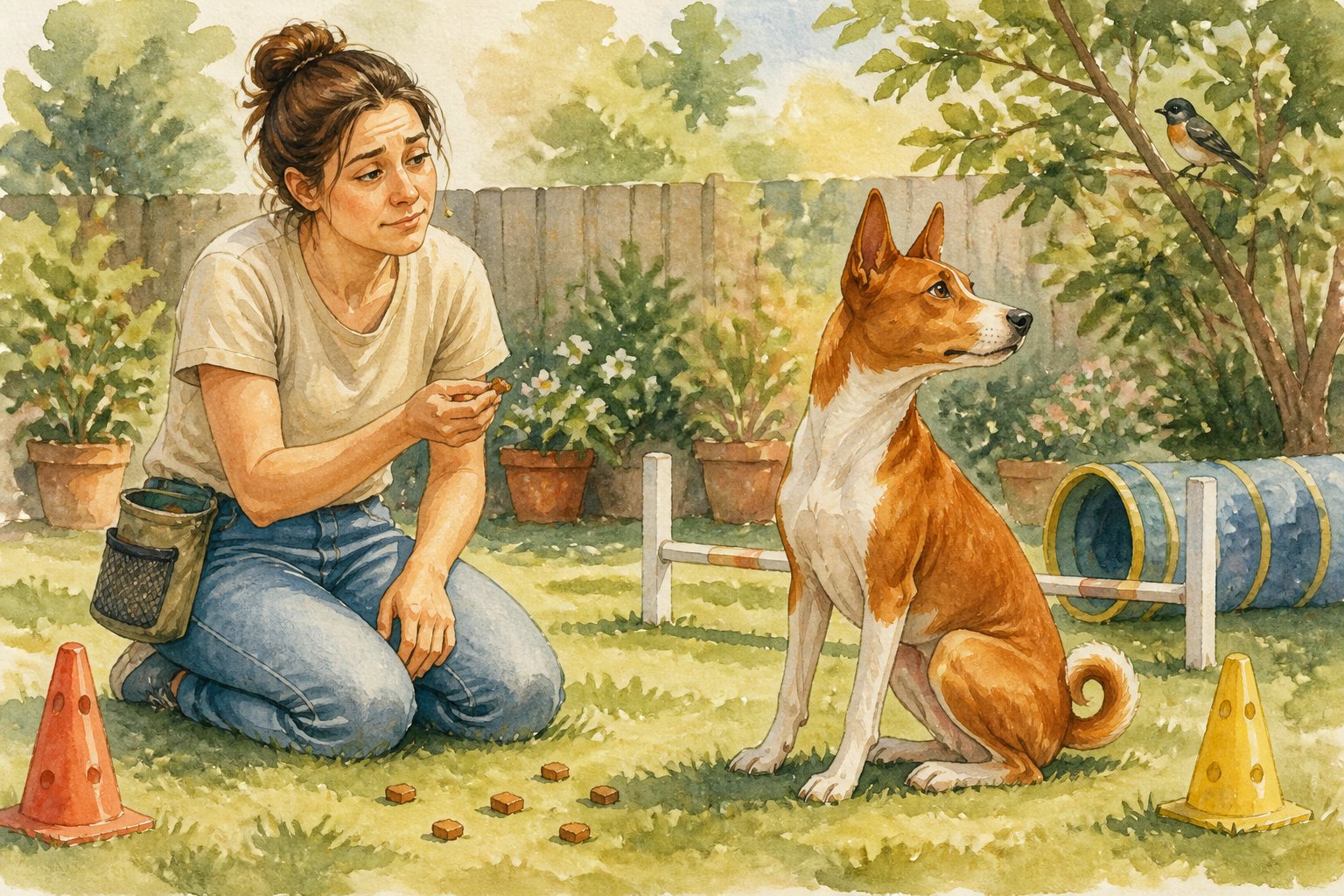 A Basenji becomes distracted during a long backyard training session with its owner.