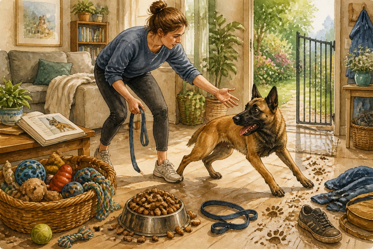 An owner and Belgian Malinois in a busy home and garden surrounded by visual signs of common care and training mistakes.