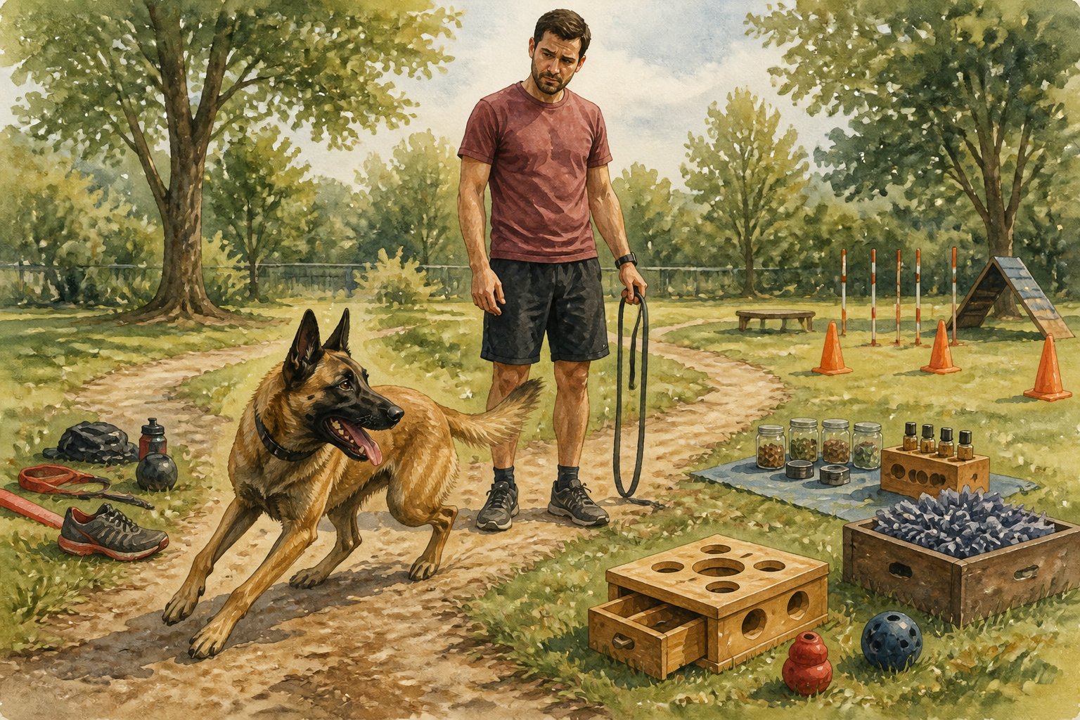 A restless Belgian Malinois stands beside an owner in an outdoor training area, with exercise equipment and unused mental enrichment toys nearby.