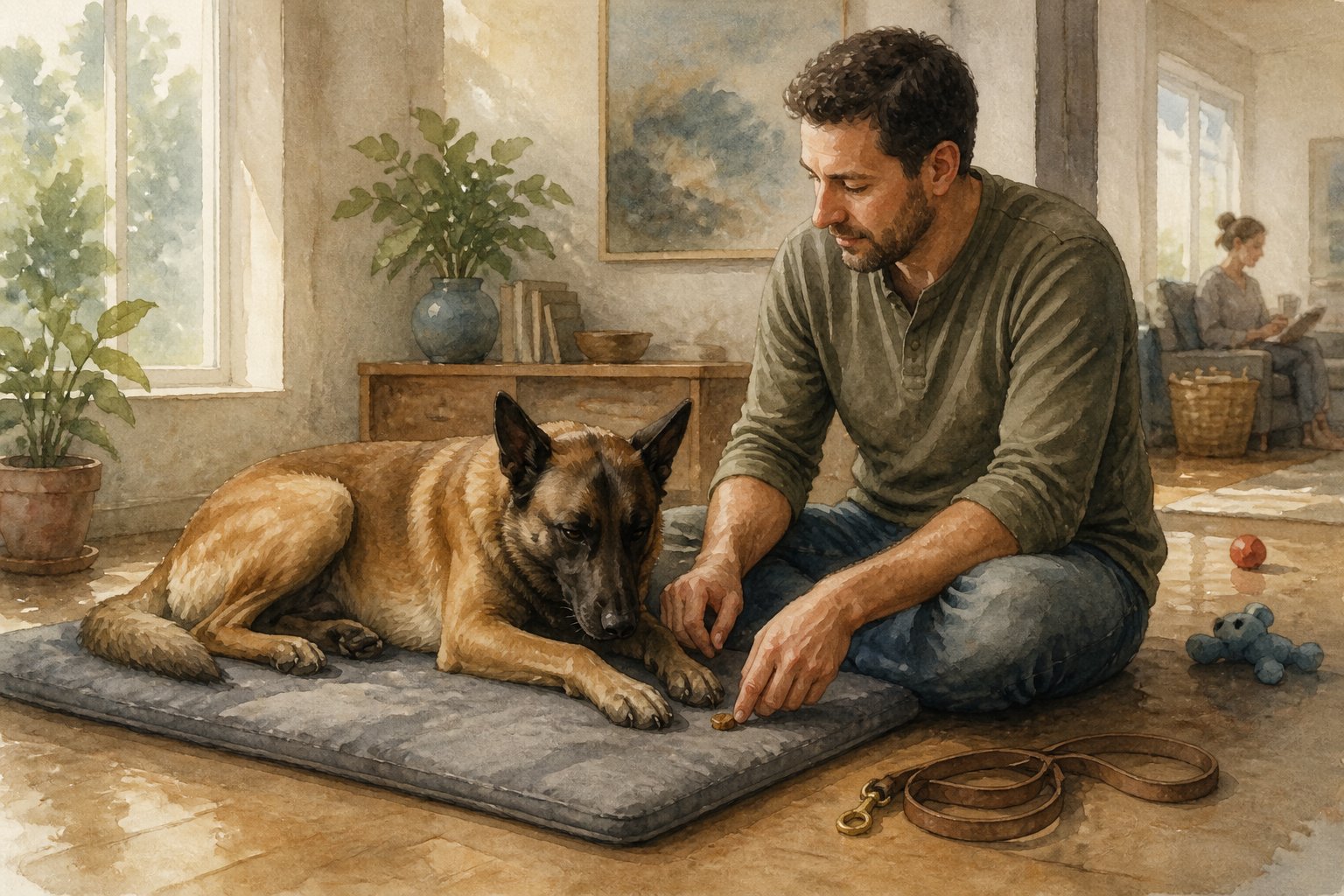 A person calmly rewards a Belgian Malinois resting peacefully on a mat at home.