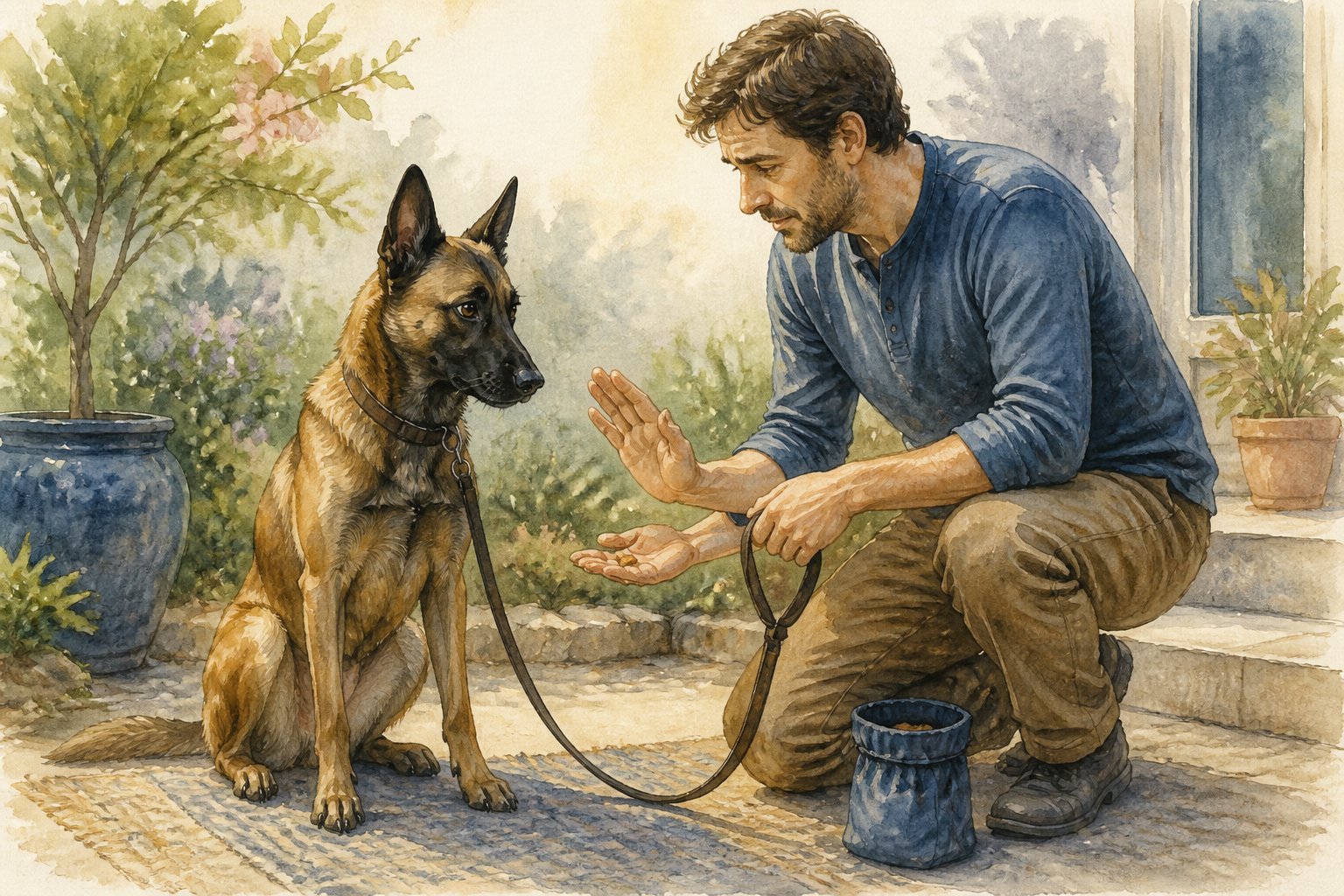 A Belgian Malinois sits tensely beside an owner who chooses gentle, reward-based training instead of physical punishment.