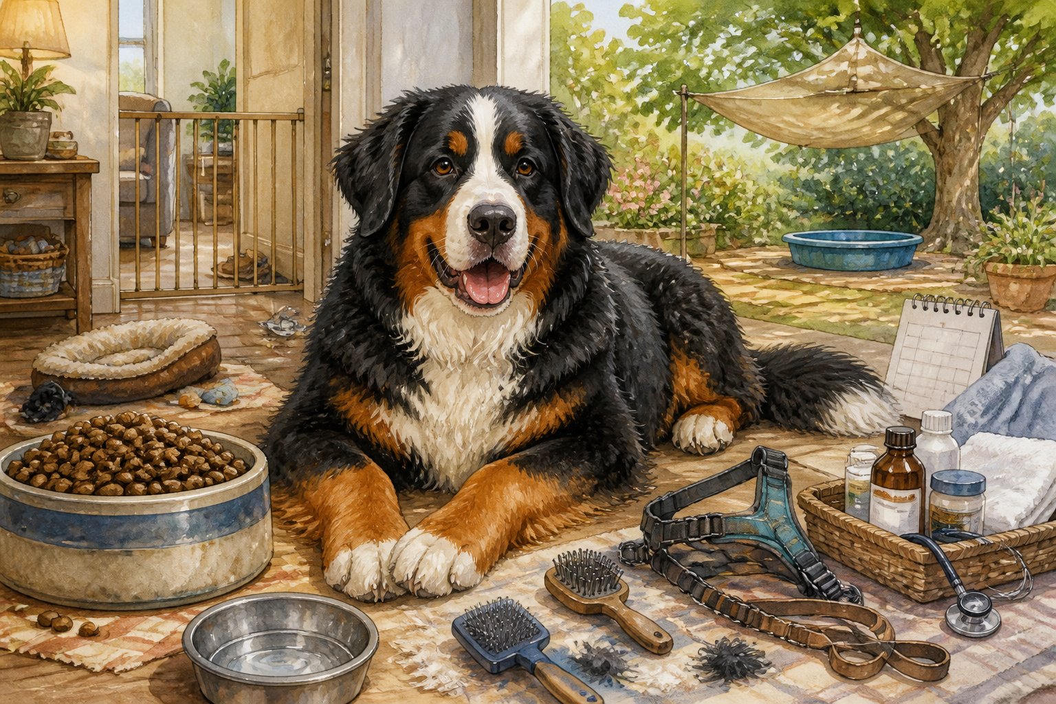 A Bernese Mountain Dog sits in a home and garden surrounded by objects representing common care mistakes.