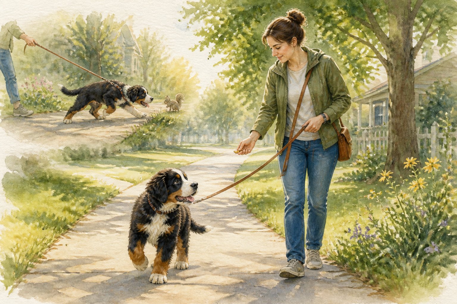 A Bernese Mountain Dog puppy learning to walk calmly beside its owner on a leash in a leafy park.