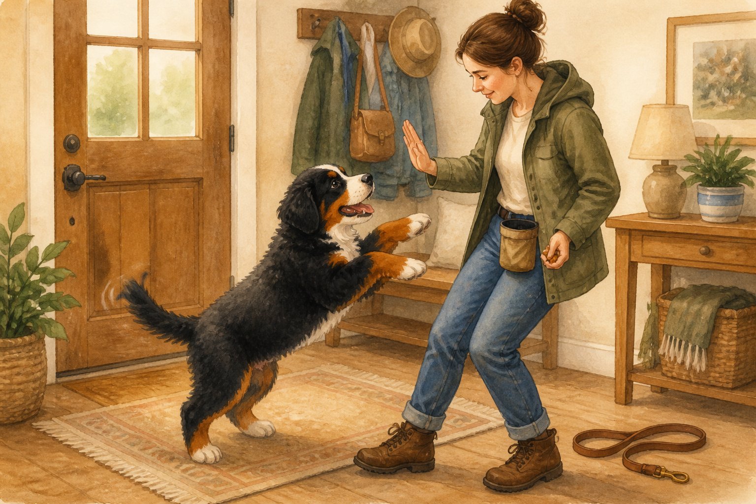 A Bernese Mountain Dog puppy jumps up toward its owner in a home entryway while the owner gestures calmly.