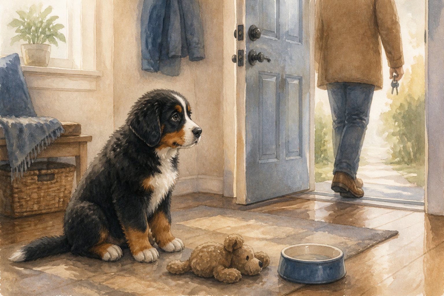 A young Bernese Mountain Dog sits anxiously inside a home as its owner leaves through the front door.