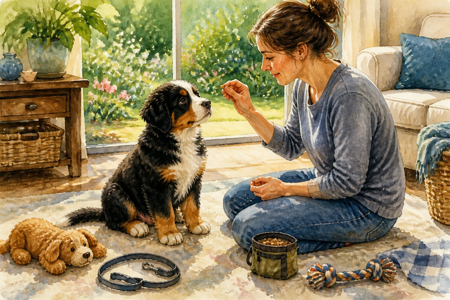 A Bernese Mountain Dog puppy practices sitting with its owner in a bright home or garden.