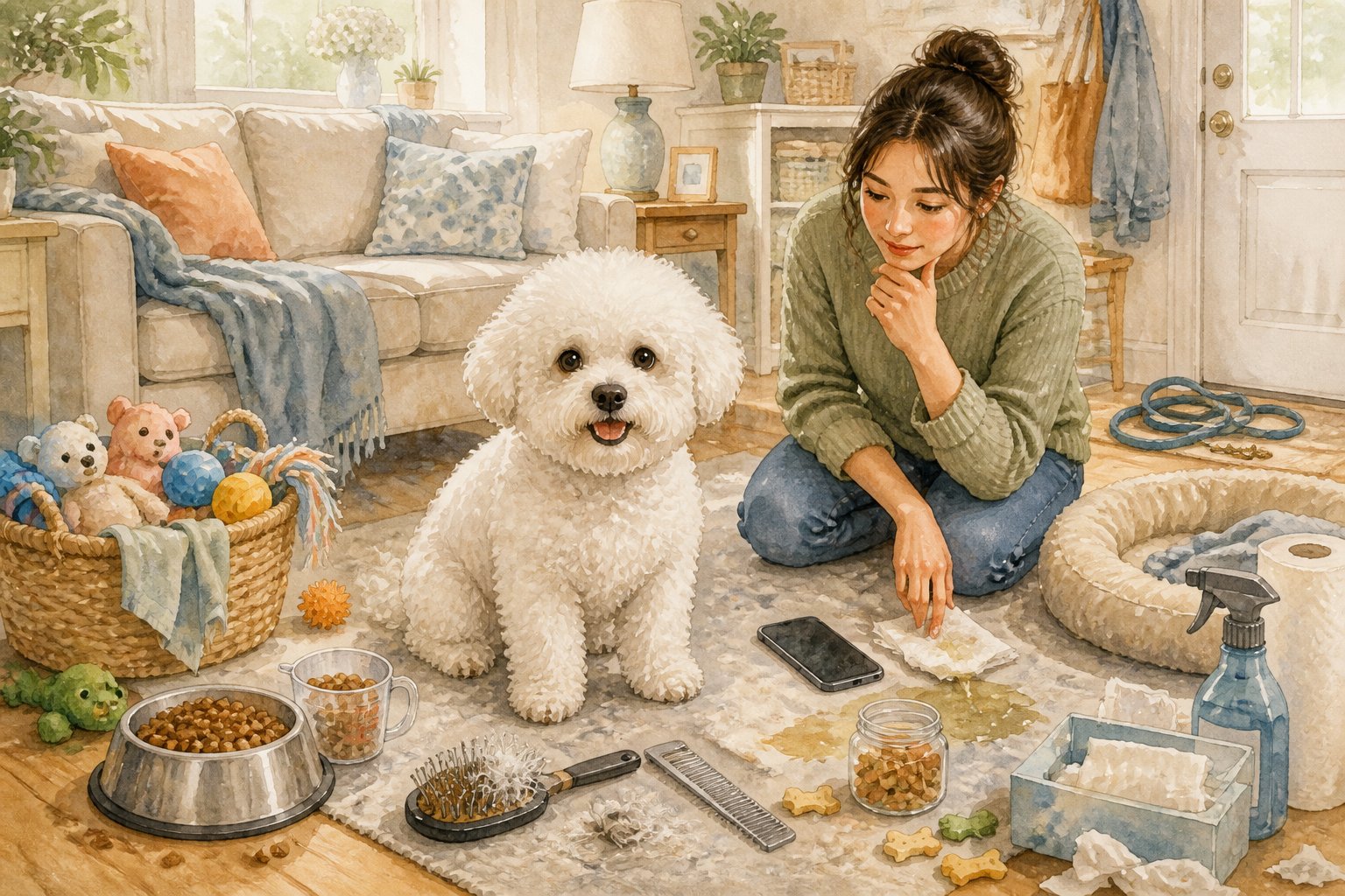 A fluffy Bichon Frise sits in a cluttered living room surrounded by pet-care items while its owner prepares to improve its routine.