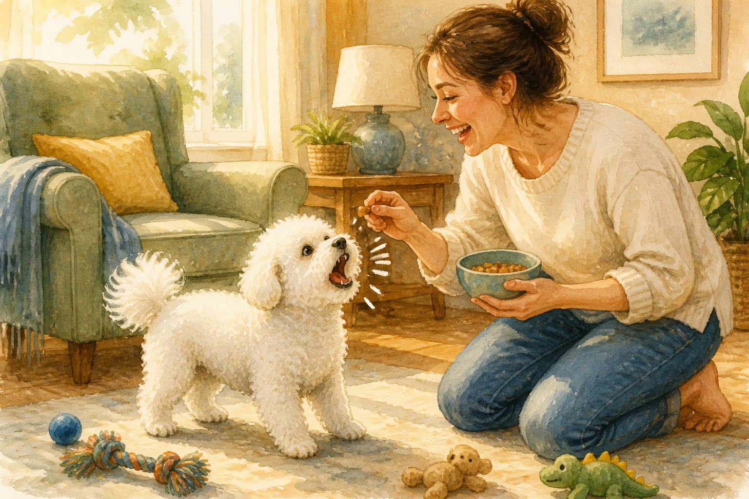 A Bichon Frise barks excitedly while its owner gives it a treat and attention.
