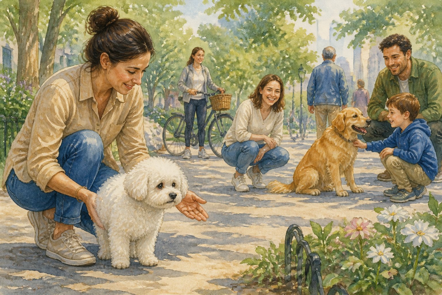 A hesitant Bichon Frise puppy is gently introduced to friendly people, another dog, and a park environment by its owner.