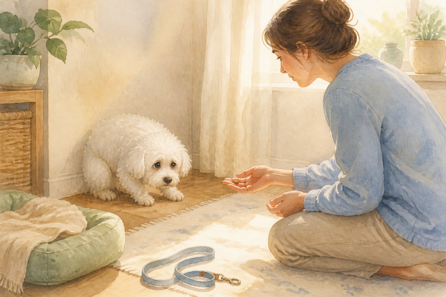 A worried Bichon Frise rests near a safe corner while its owner calmly offers reassurance and a treat.