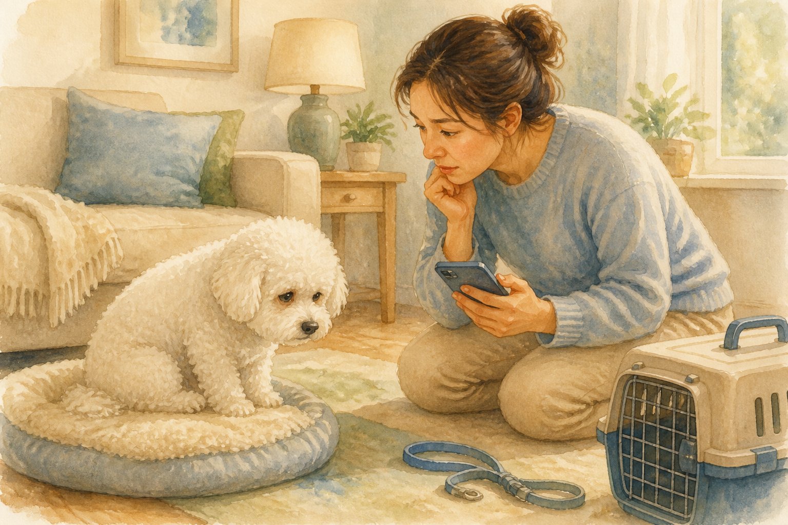 A concerned owner observes a tired Bichon Frise resting quietly at home.