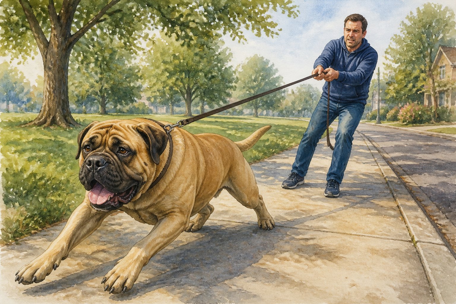 A Bullmastiff pulls forward on a taut leash while its handler struggles to keep control on a sidewalk.