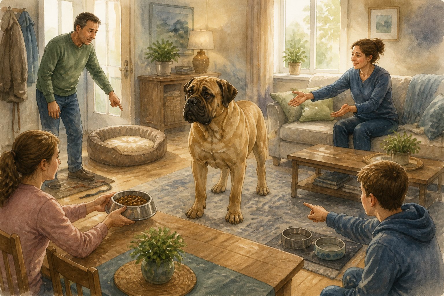 A Bullmastiff looks uncertain as two people give conflicting instructions in a living room.