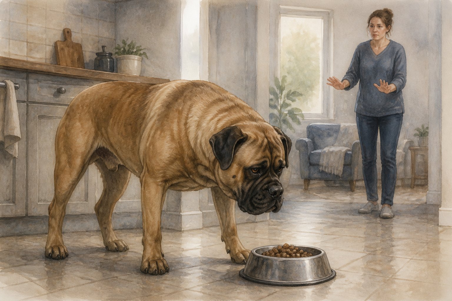 A Bullmastiff stands protectively over a food bowl while its concerned owner keeps a safe distance.