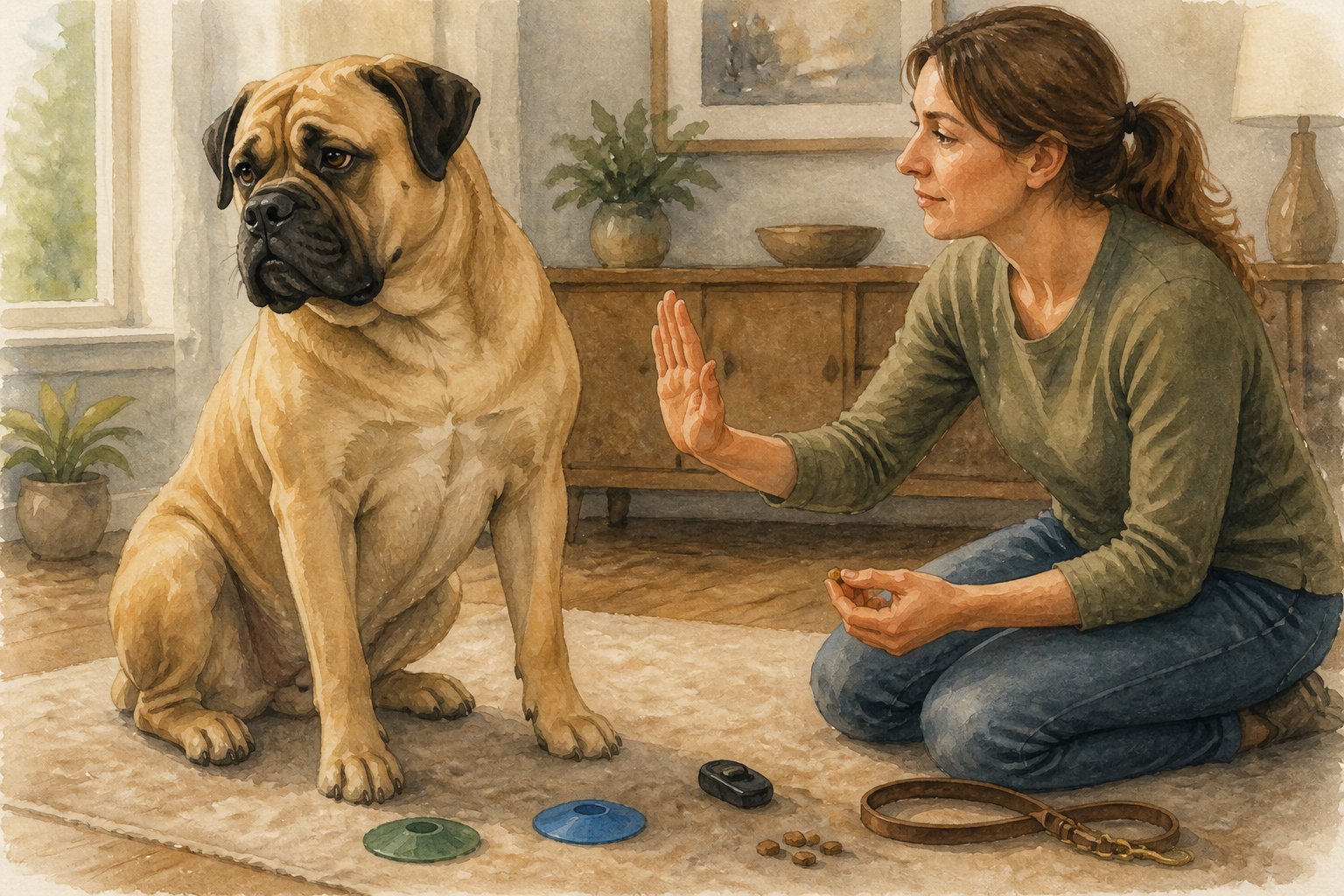 A Bullmastiff calmly hesitates during a training session while its patient owner offers a treat and hand signal.