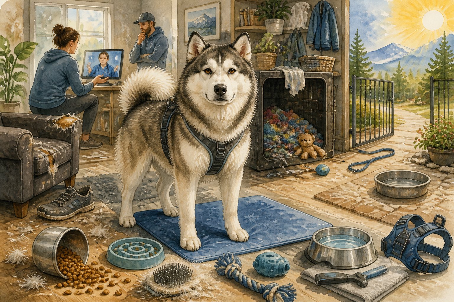 An Alaskan Malamute stands in a home and outdoor setting surrounded by signs of common care and safety challenges.