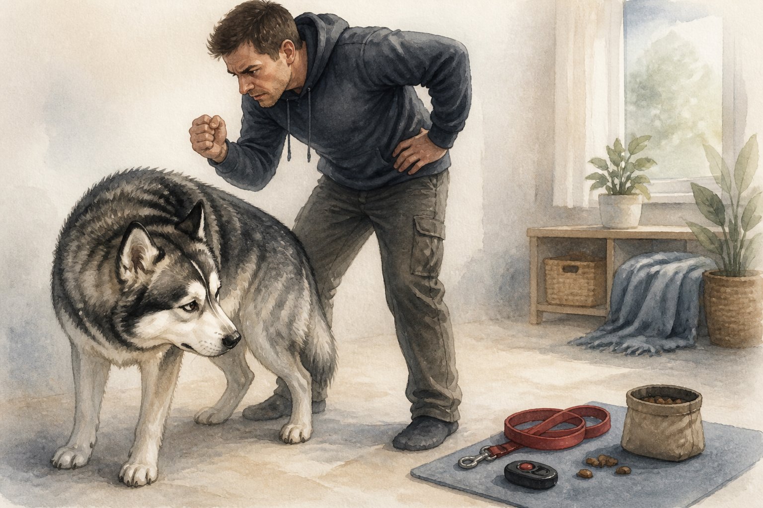A wary Alaskan Malamute leans away from a tense handler during a training session.
