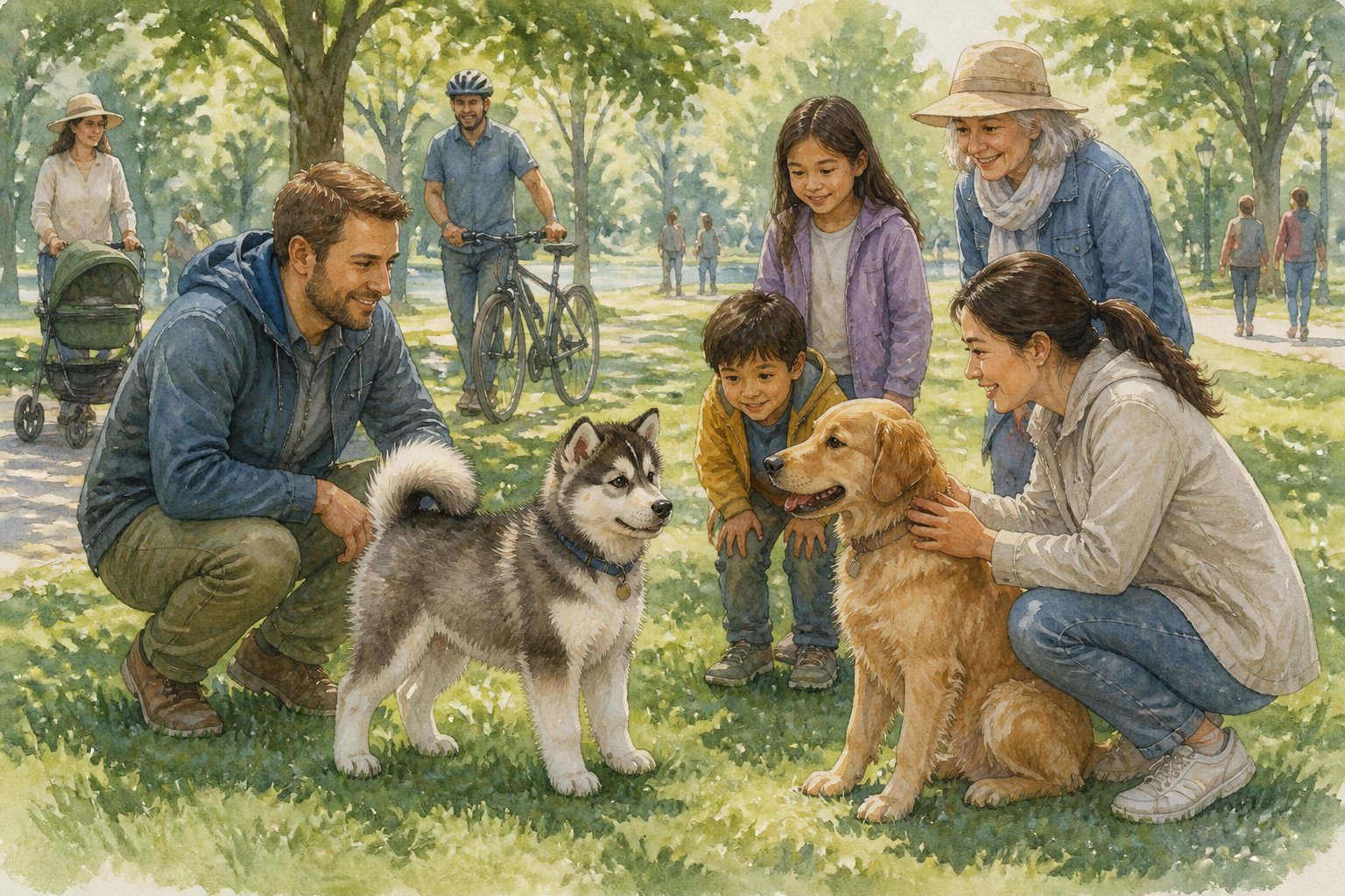 An Alaskan Malamute puppy calmly meeting friendly people and another dog in a park.