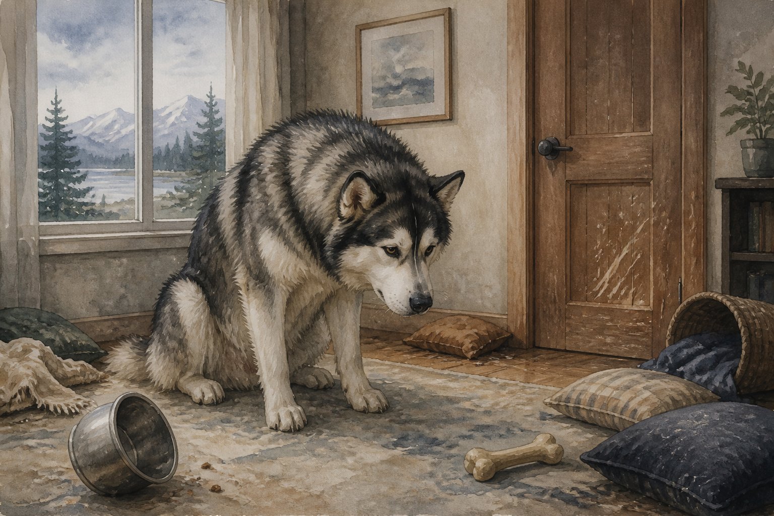 A bored Alaskan Malamute sits alone in a living room beside scattered belongings and an untouched toy.