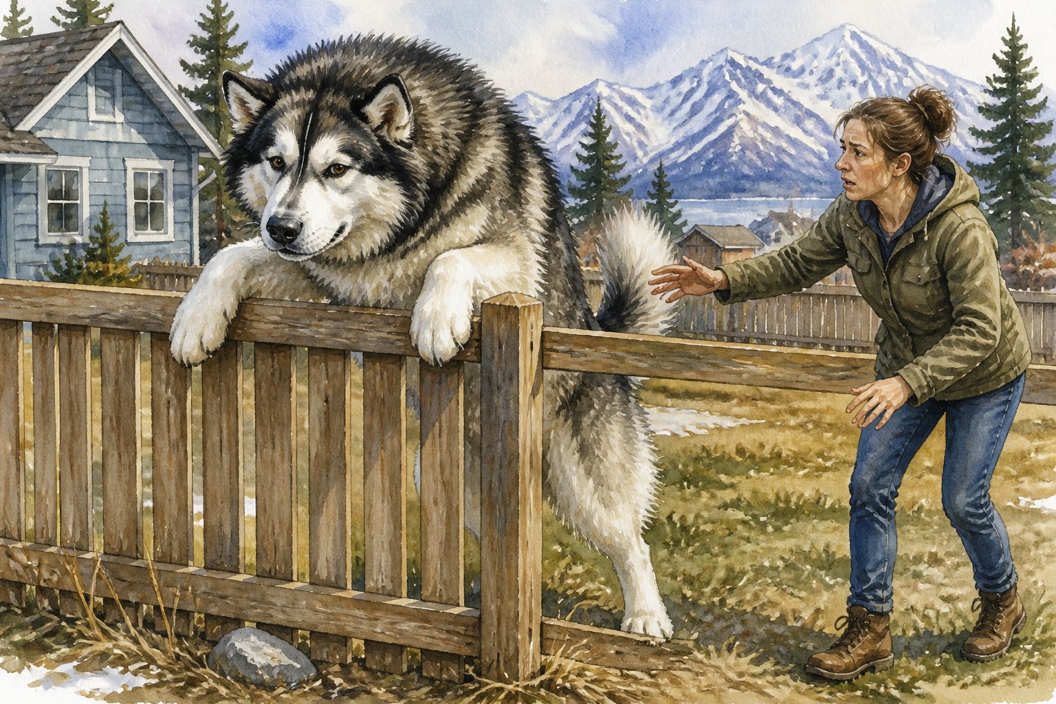 An Alaskan Malamute attempts to climb over a backyard fence while its concerned owner reaches toward it.